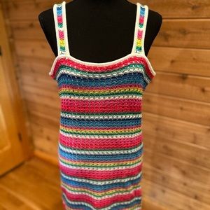 Gorgeous modern rainbow knit midi dress from Gap (2023).
